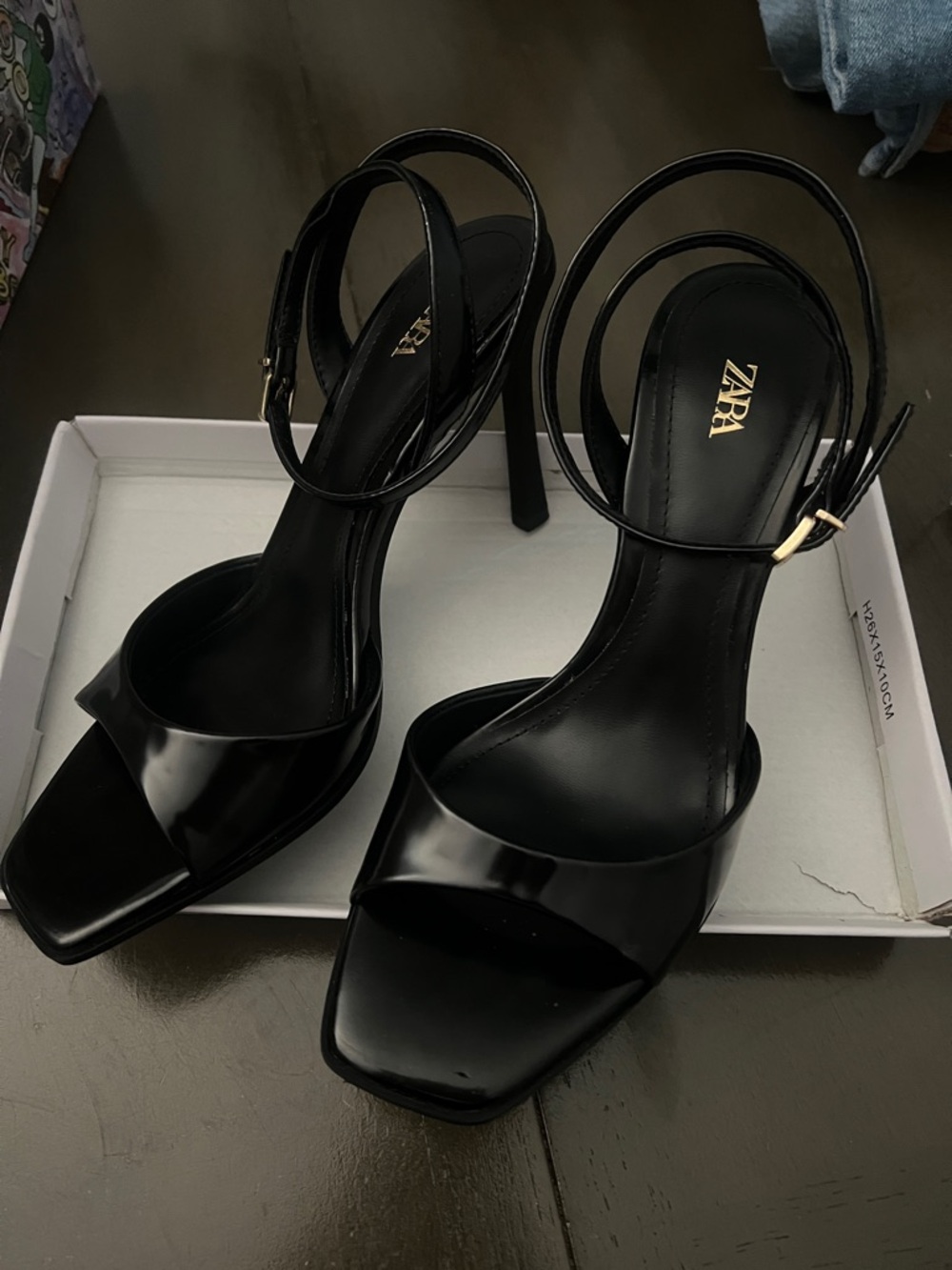 Zara Black Patent Square-Toe Stiletto Sandals